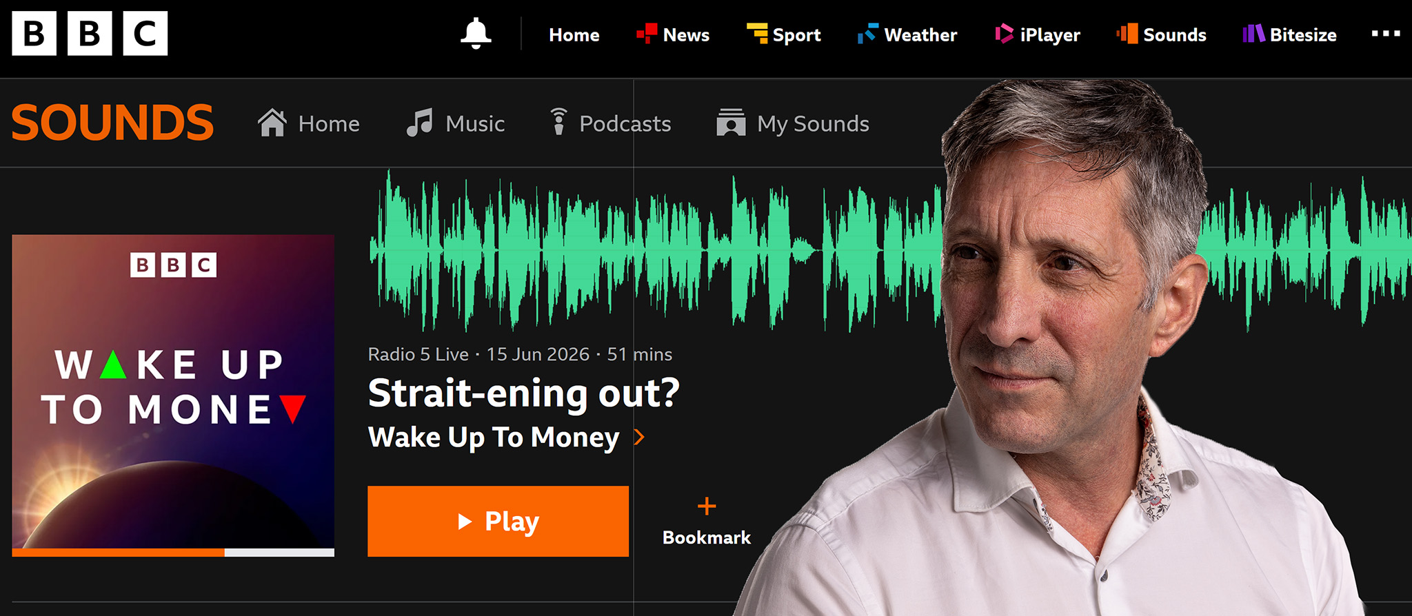 Photo of Stephen Bennington overlayed on a BBC radio website screengrab