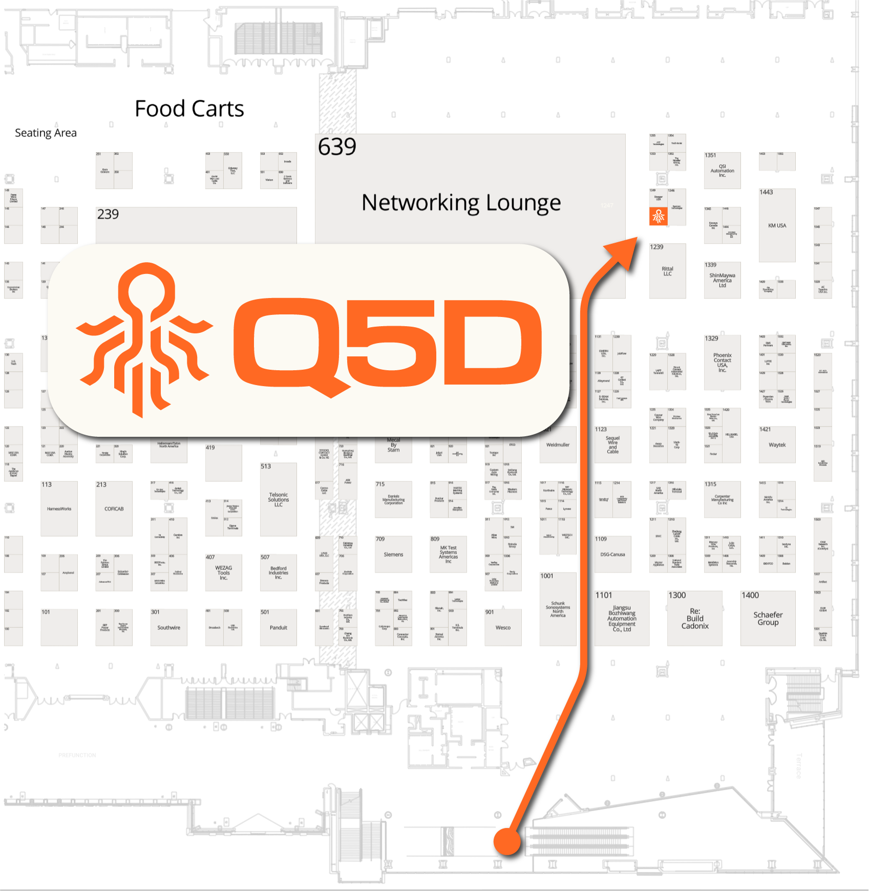 Map image showing location of Q5D at booth 1247