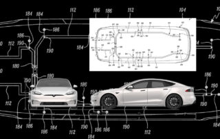 Tesla model s front and side views with modular wiring harness overlay